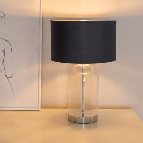 ValueLights Jessy Glass Table Lamp with Silver Base, Black and Chrome Inner Shade and Warm White Bulb – 2