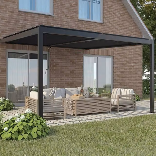 Primrose Living Deluxe Charcoal Wall Mounted Aluminium Veranda with Louvered Shutter Roof, W: 400 cm, D: 300 cm – 1