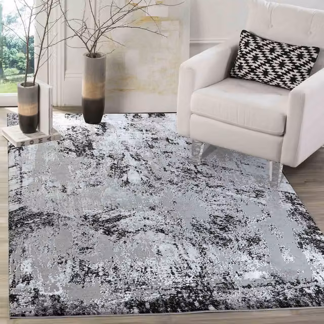 Modern Serenity Abstract Machine Woven Area Rug in Black and Grey, Rectangular