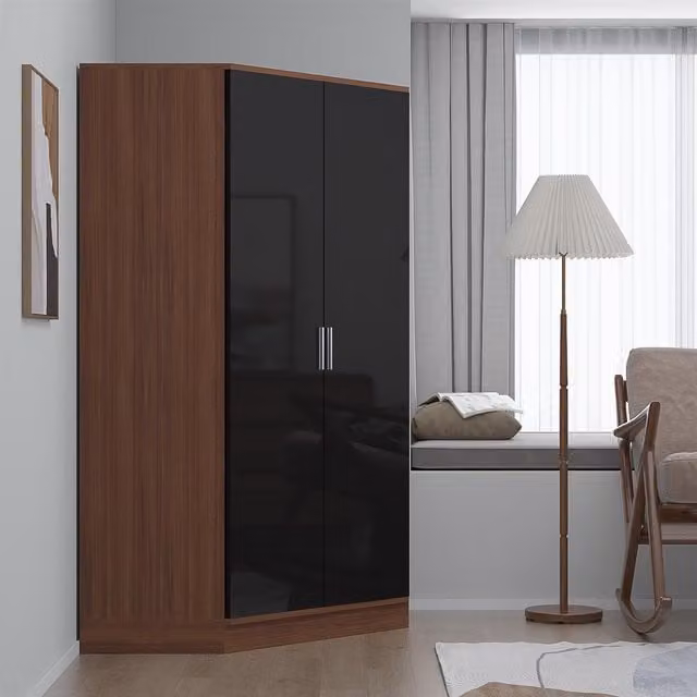 REFLECT 2 Door Corner Wardrobe in Black High Gloss and Matt Walnut Finish