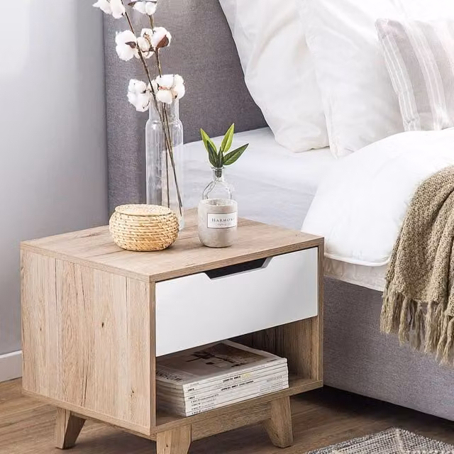 Wyld and Coco Scandinavian Bedside Table in Light Brown and White with 1 Drawer
