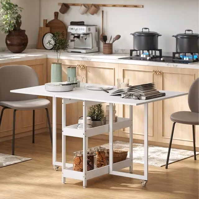 HOMCOM Modern White Folding Dining Table with Extendable Drop Leaf and Castors