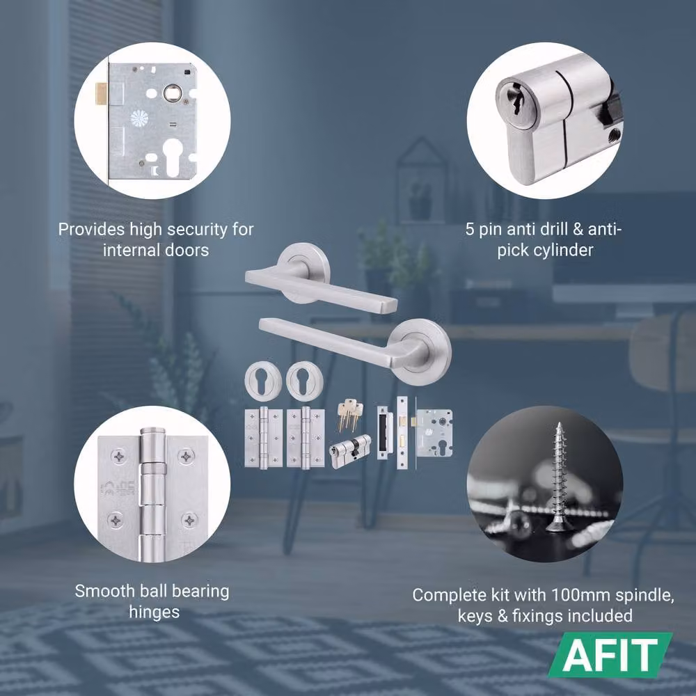 AFIT Satin Chrome Door Handle Set with Euro Lock Cylinder, Latch, and Hinges in Silver, Aluminium W/D/H: 15.0 x 15.0 x 7.0 cm – 2