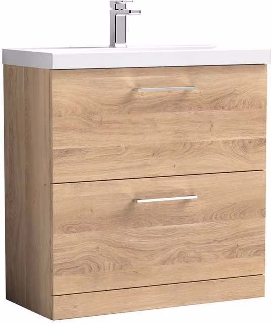Balterley Contemporary Floor Standing 2 Soft-Close Drawer Bathroom Vanity Unit with Mid-Edge Ceramic Basin, Bleached Oak/Brown, W: 80 cm, D: 39 cm, H: 84 cm – 1