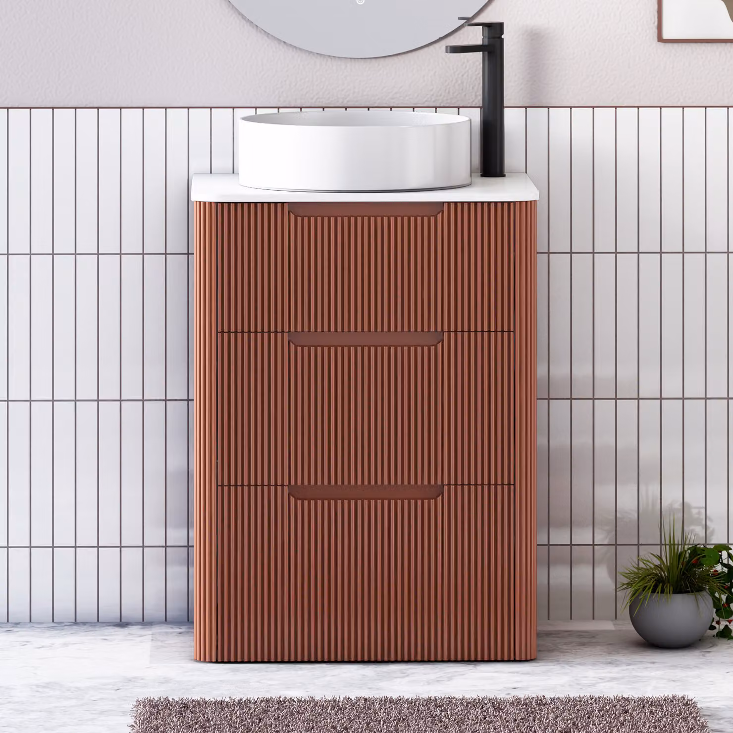 Royal Bathrooms Avenza 600mm Terracotta Clay Floor Standing 3 Drawer Vanity Unit with Plain White Worktop and Art Round Basin