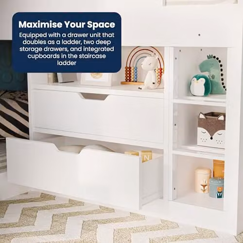 Flair Furnishings White Solid Wood Triple Bunk Bed with Staircase Storage and Drawers, H 210 cm x W 90 cm x D 205.8 cm – 3