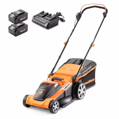 LawnMaster MX 24V Orange Cordless Lawnmower with 41cm Cutting Width, Spare Battery, Collection Bag and Mulching Kit