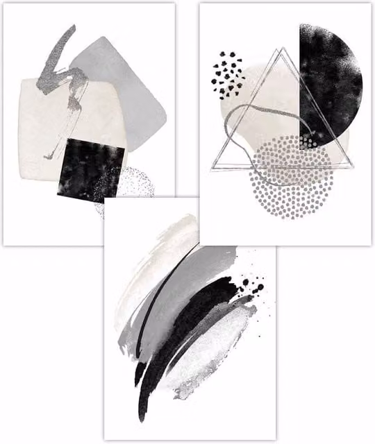 ARTZE Set of 3 Modern Abstract Geometric Paper Posters in Black, Grey and Silver, W: 59 cm, H: 84 cm