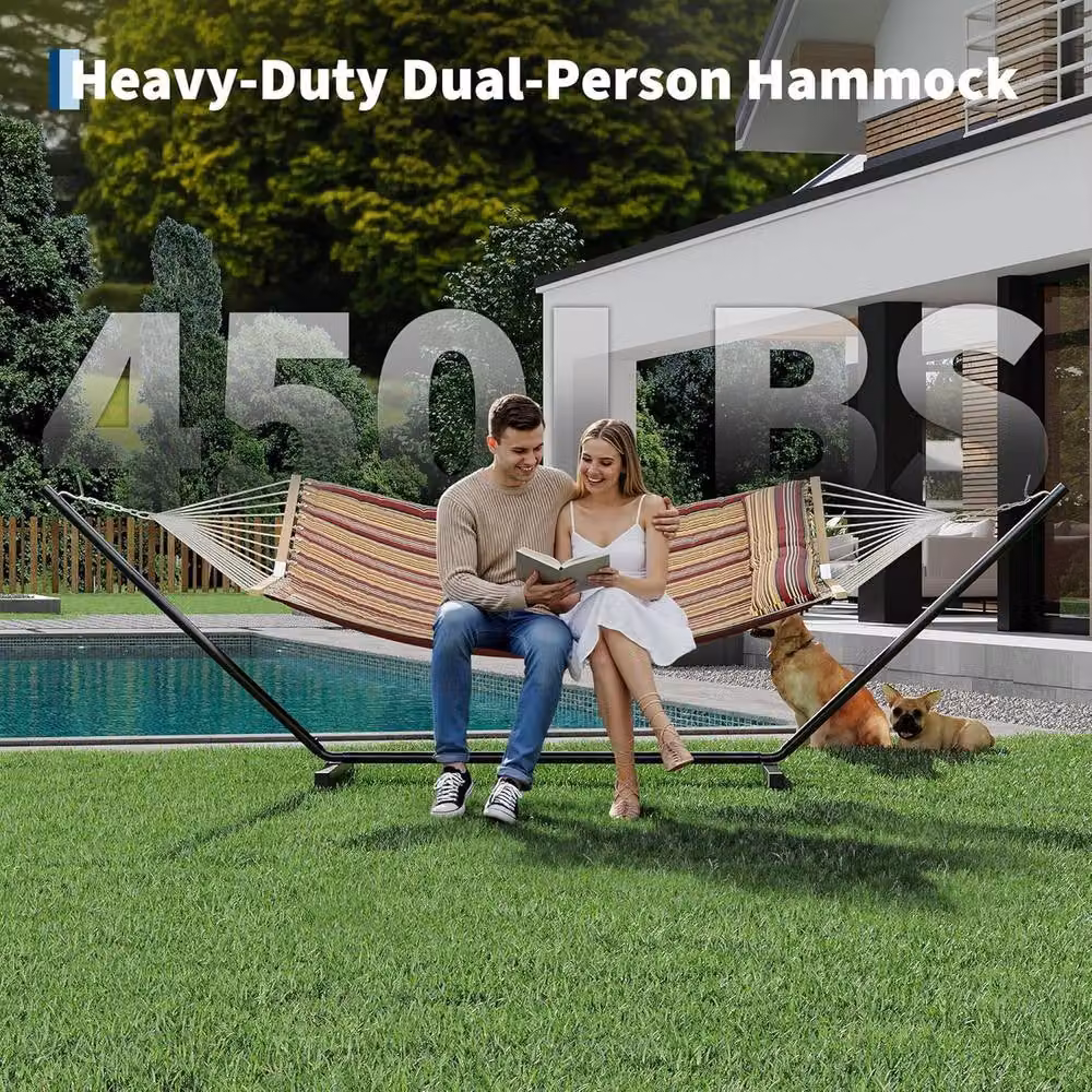 London Boutique Double Hammock with Stand and Multicolour Striped Cushions – 6