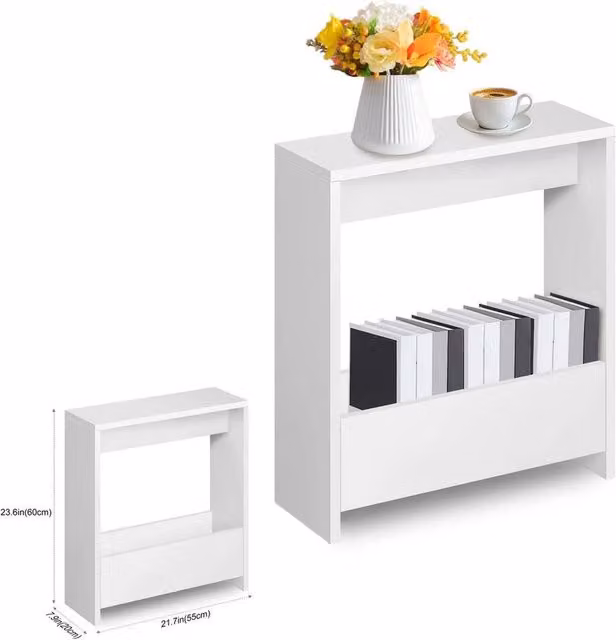 PAWNORA Small White End Table and Magazine Rack with Glass Shelf – 1