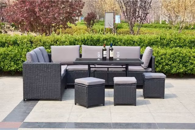 Life Interiors 9-Seater Corner Rattan Garden Lounge Set in Black and Grey with Glass Table and Polyester Cushions