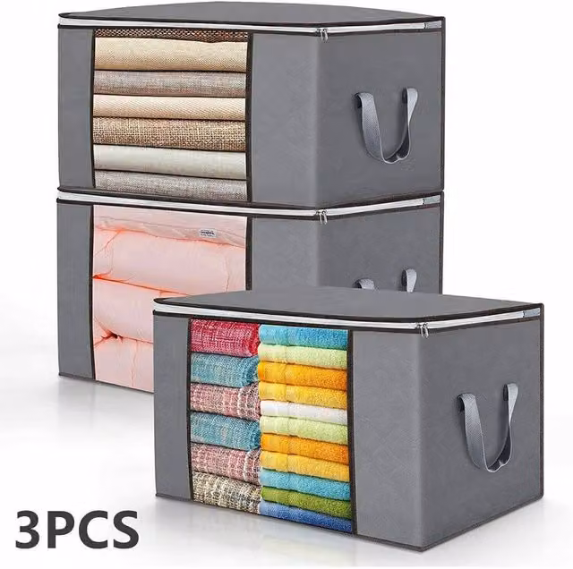 KORVIXA Set of 3 Fabric Clothes Storage Bags with Zips and Handles in Grey, 90 x 90 cm – 1