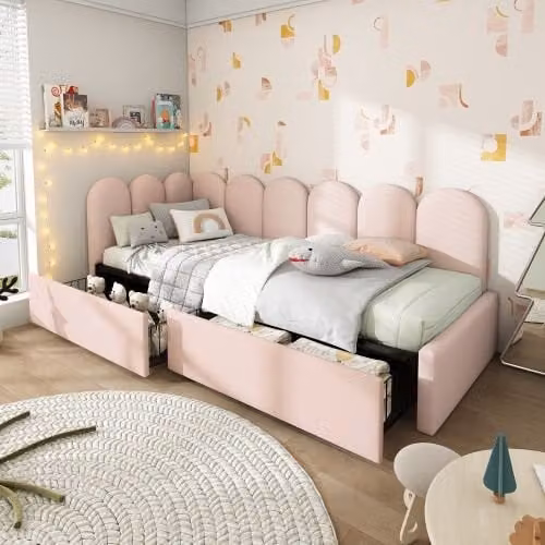 Matteo Pink Velvet Upholstered Single Daybed with 2 Storage Drawers for 90x190cm Mattress – 1