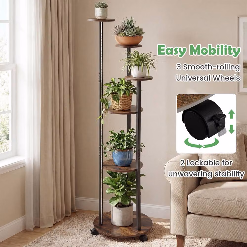 Gymax 6-Tier Round Metal Indoor Plant Stand with Wheels and 16-Colour LED Lights in Brown – 3