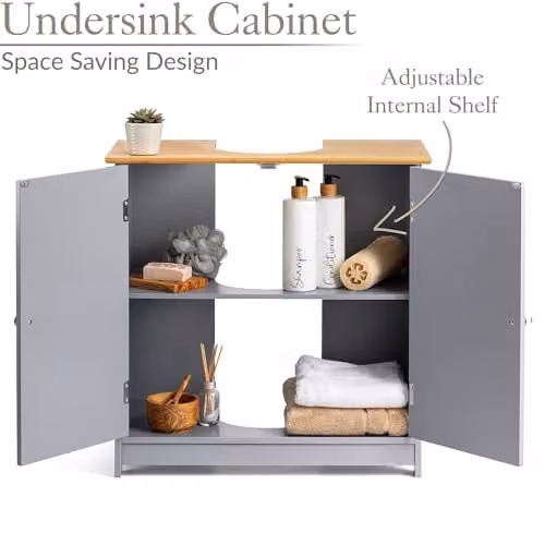 Christow Grey Modern Under Sink Bathroom Cabinet with Bamboo Top and Internal Shelves, W/D/H: 60 x 30 x 60 cm – 2