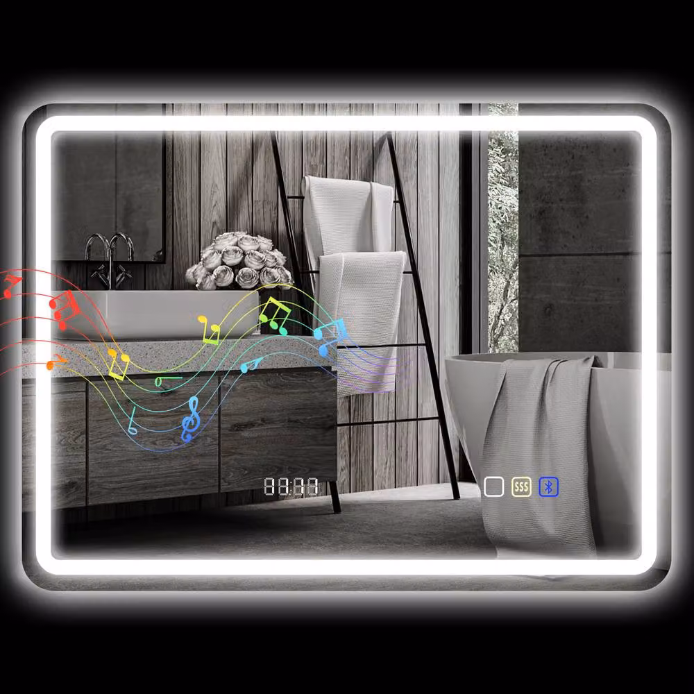 STILVORA Modern Rectangular Wall Mounted Bathroom Mirror with Dimmable LED Lighting, Bluetooth and Touch Switch in Silver – 5