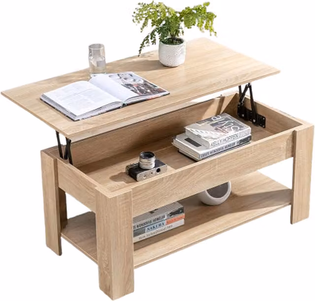 Modcraft Modern Rectangular Oak Wooden Coffee Table with Lift-Up Hidden Storage in Brown