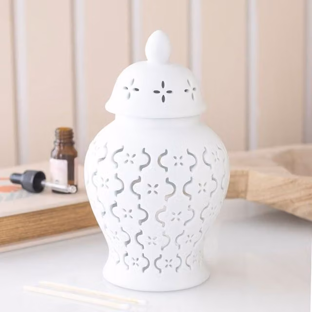 Kingsbury Gifts Moroccan Geometric Ceramic Cut Out Oil Burner and Wax Warmer in White