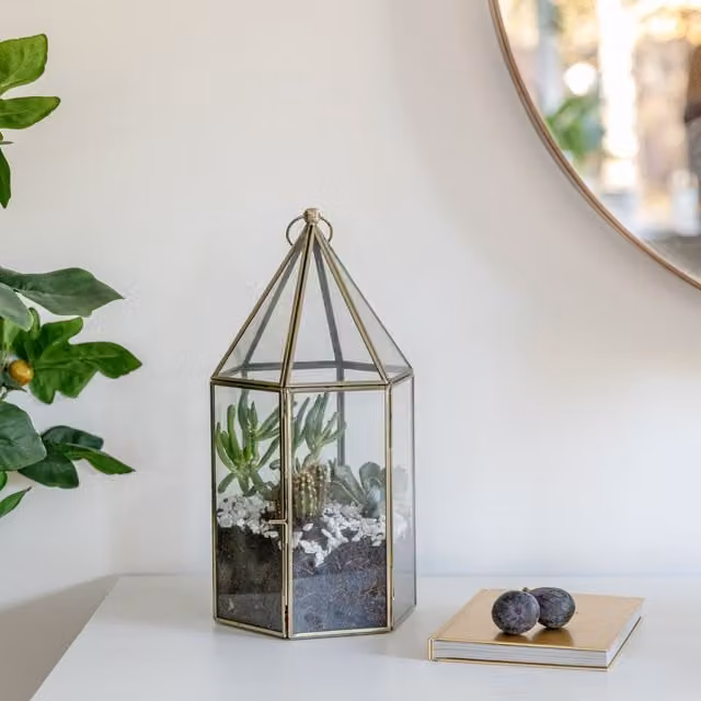 Ivyline Glasshouse Terrarium in Antique Brass, H: 36 cm x W: 18 cm