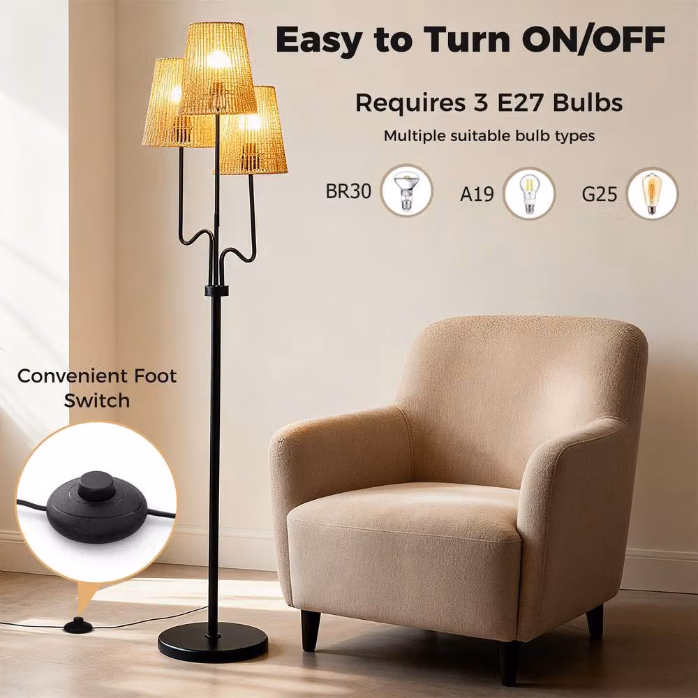 Gymax Farmhouse Tree Floor Lamp with 3 Boho Paper Woven Lampshades, Black – 5