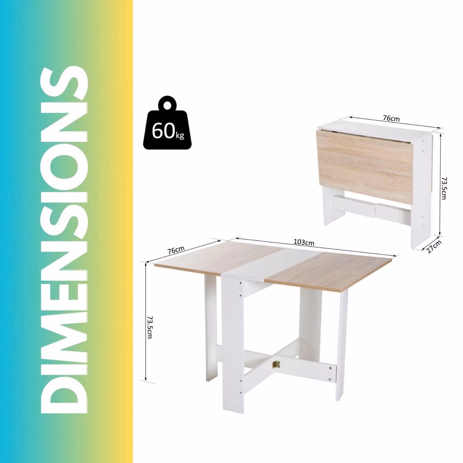 Pirlo Plush White Foldable Wooden Writing Desk with Drop Leaf Top W/D/H: 76 x 73.5 x 76 cm – 2