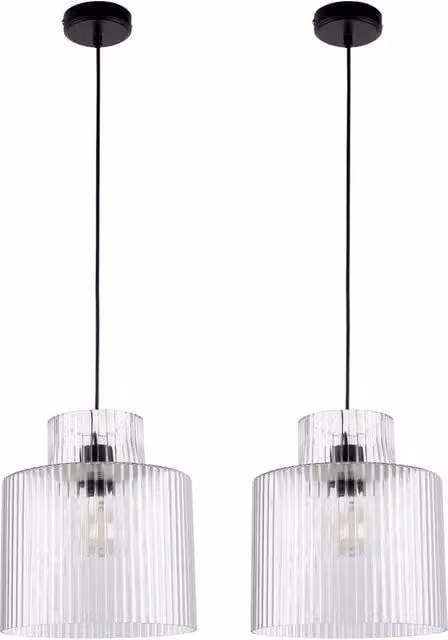 First Choice Lighting Portland Set of 2 Matt Black and Transparent Glass Cylinder Ceiling Pendants
