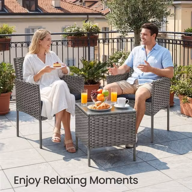 SONGMICS Modern Grey Polyrattan Garden Furniture Set with Glass Table