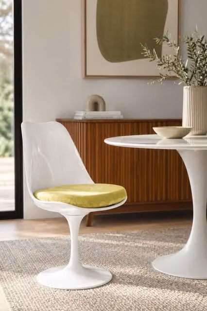 Fusion Living White Tulip Swivel Dining Chair with Green Velvet Cushion