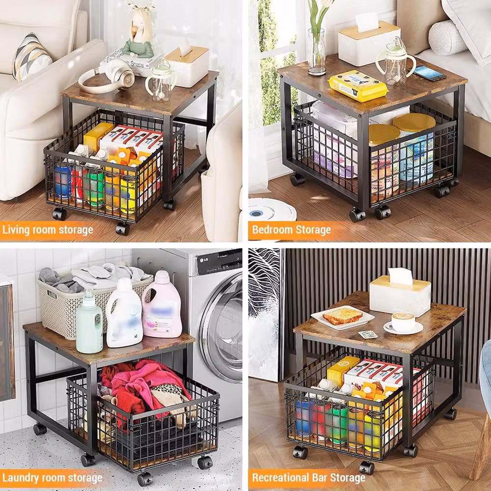 London Boutique Heavy-Duty Mobile Mini Fridge Stand with Drawer Basket in Brown – 6