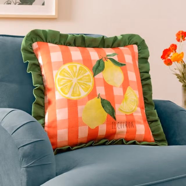furn Gingham Citron Checked Ruffle Cushion in Yellow and Multicolour, W/D/H: 43 x 43 x 43 cm – 1