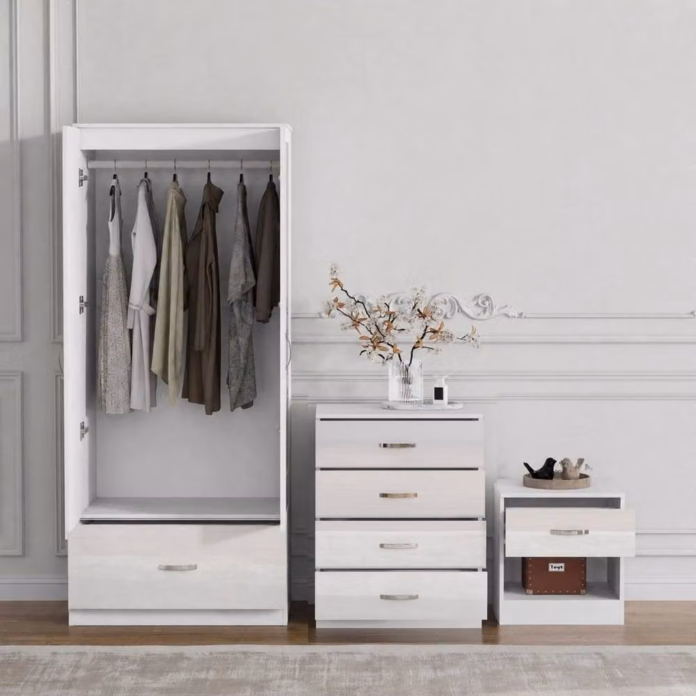 FORGEVIO 3 Piece Gloss White Modern Bedroom Wardrobe Set with Mirror and Hanging Rod – 2