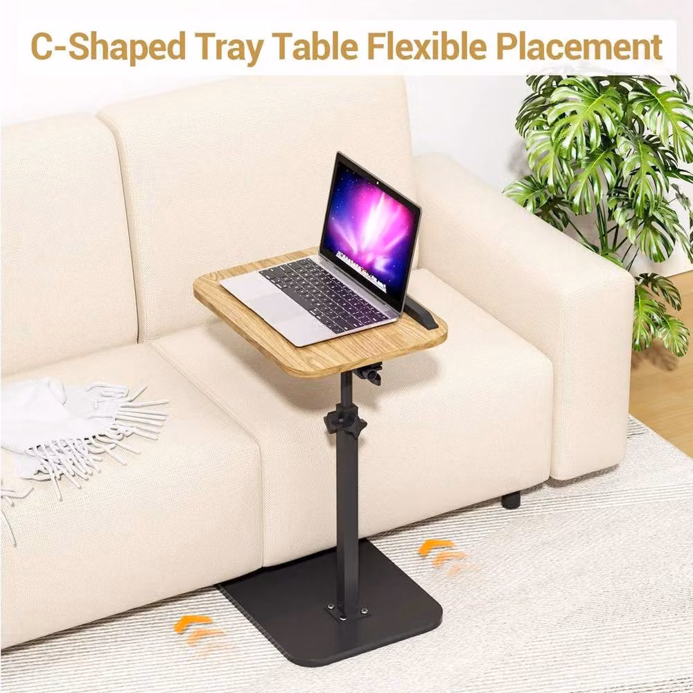 FLAVORA Brown Natural Wood C Shaped Side Table with 360 Degree Swivel and Height Adjustable Tilting Top – 3