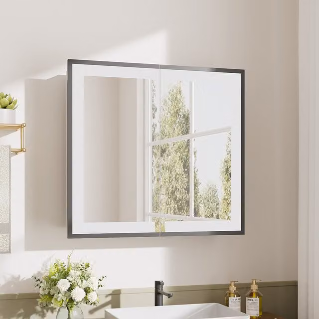Livingandhome White Wall Mounted Bathroom LED Mirror Cabinet with Anti-Fog Demister and Shaver Socket