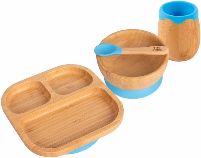 Tiny Dining 4-Piece Blue Divided Bamboo and Silicone Baby Feeding Set