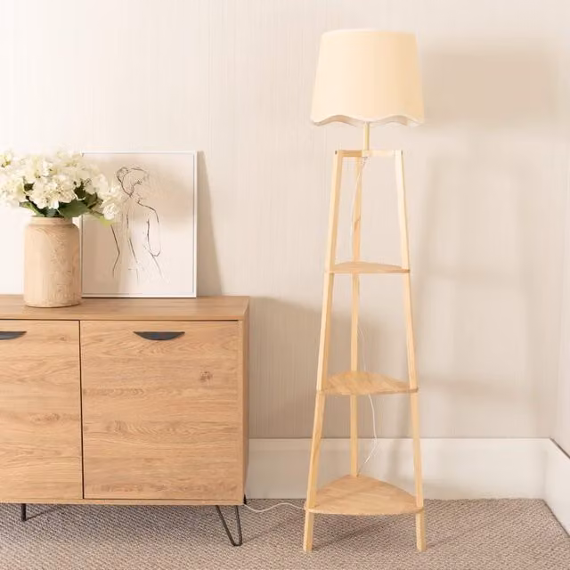 ValueLights Hiru Natural 3 Tier Wooden Shelf Floor Lamp with White Scallop Edge Fabric Shade – 1