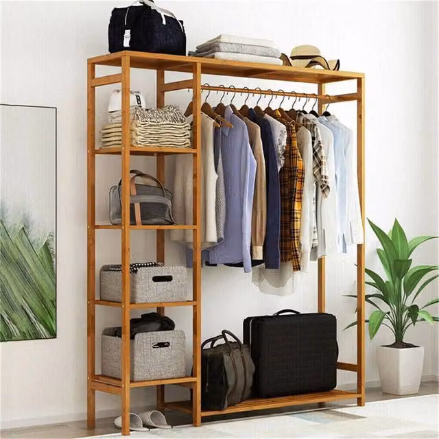KORVIXA 2-in-1 Bamboo Clothes Rail in Natural Brown – 1