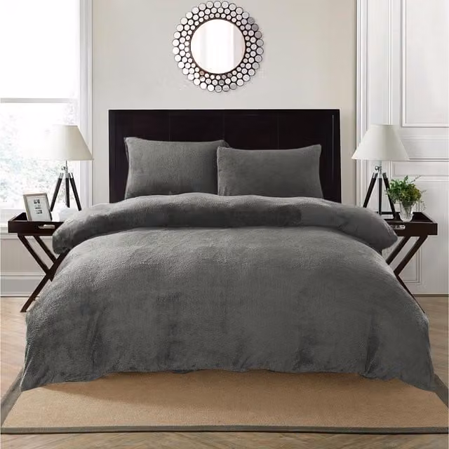 Home Sweet Home UK Teddy Bear Fleece Soft Cosy Duvet Cover and Pillowcase Set in Silver Grey, W/D/H: 200 x 200 cm and 50 x 75 cm