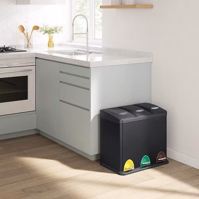 SONGMICS Triple Kitchen Waste Bin Recycling Can with Pedals and Lids, Black Steel – 1