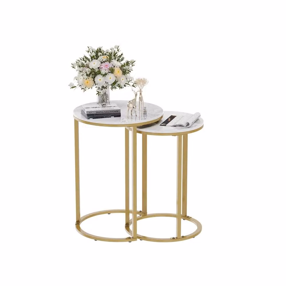 VOGREX Round Nesting Coffee Table with Glossy White Ceramic Marble Effect Stone Tops – 3