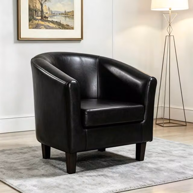 MCC Direct Black Faux Leather Retro Tub Armchair with Solid Wood Frame