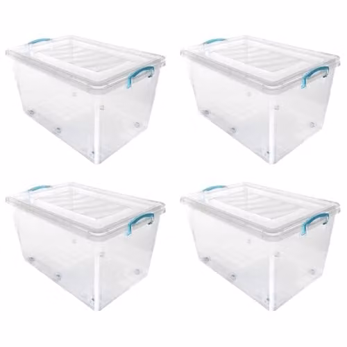 JVL Set of 4 Plastic Lidded Storage Boxes with Wheels, Stackable and Nestable, Transparent, 50L per box – 1