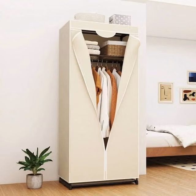 EONLION Fabric Freestanding Cloth Organizer Wardrobe in Beige, H 172 x W 100 x D 100 cm