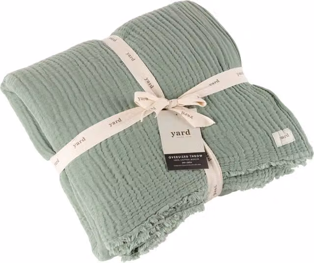 Lark Muslin Cotton Woven Throw with Fringes in Green, 260 cm