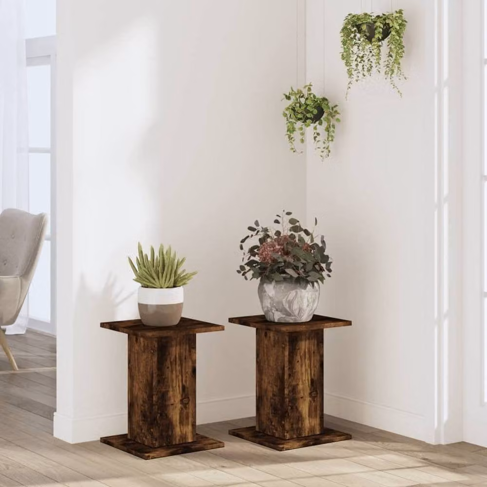Berkfield Home Set of 2 Smoked Oak Plant Stands, Brown Engineered Wood, W/D/H: 30 x 30 x 40 cm – 3