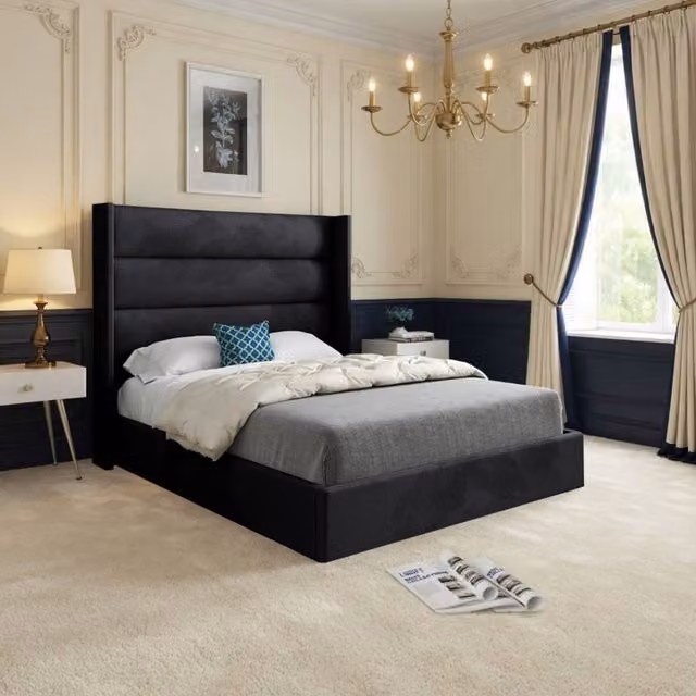 KDMD Shipbourne Winged Upholstered Designer Bed Frame in Black Soft Velvet, W/D/H: 137 x 120 x 200 cm
