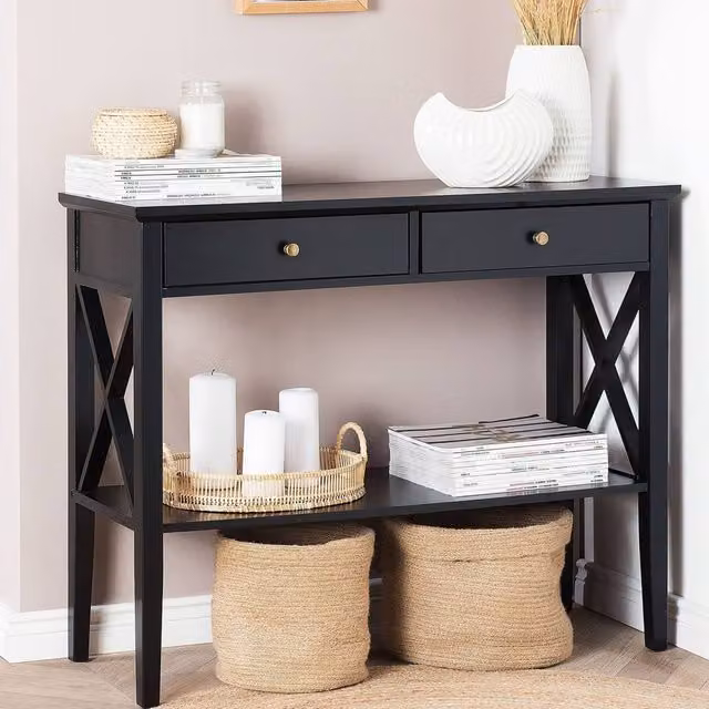 Wyld and Coco Black 2-Drawer Retro Console Table W: 100 cm, D: 35 cm