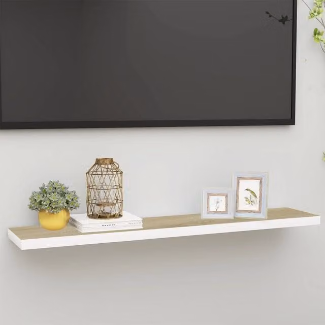 Berkfield Home Floating Wall Shelf in Oak and White, W: 120 cm, D: 23.5 cm, H: 3.8 cm