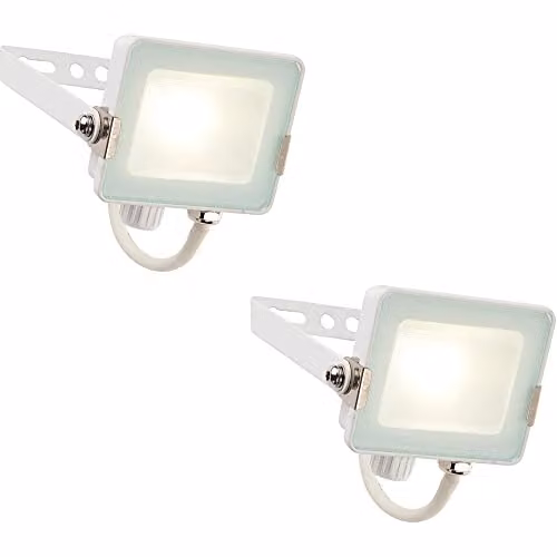 Loops 2 Pack Outdoor Waterproof LED Floodlight, 10W Cool White, Matt White Aluminium and Glass, IP65 Rated, Wall Mounted