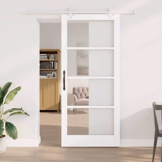 Berkfield Home Modern White Lacquered Solid Wood and Glass Sliding Door with Hardware Set W: 93 cm, H: 211 cm