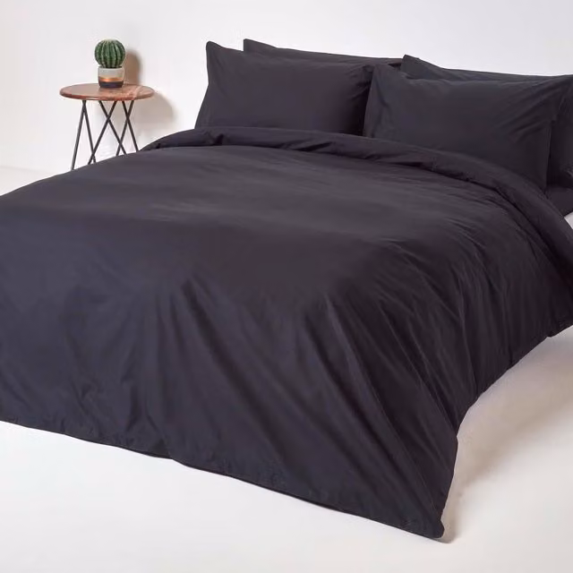 Homescapes Black Combed Cotton Percale Duvet Cover and Pillowcase Set, W: 180 cm, H: 200 cm